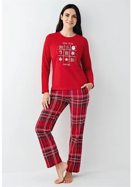 %100 Pamuk Ekose Yılbaşı Konsept Bayan Pijama Takım