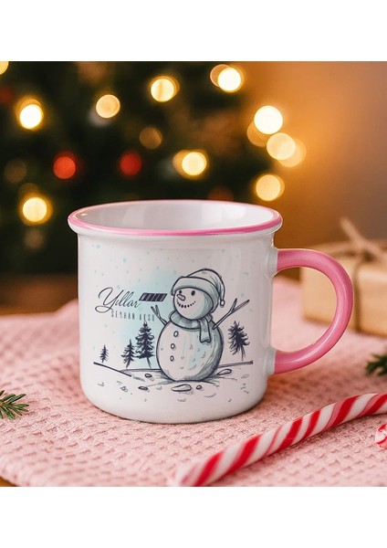 Kişiye Özel Isimli Yılbaşı Tasarımlı Pembe Emaye Kupa Bardak -8, Arkadaşa Hediye, Yeni Yıl Hediyesi