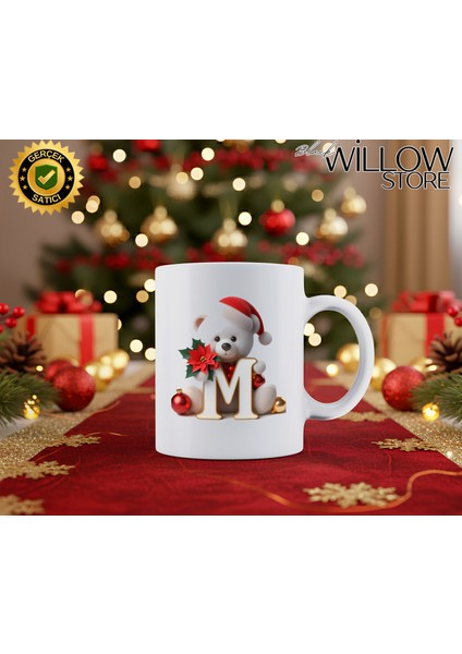 Noel Ayıcık Temalı M Harfi Porselen Kupa Bardak,hediyelik,yılbaşı,isim Temalı,merry Christmas
