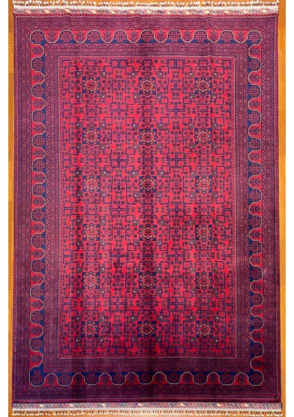 El Dokuma Afgan Halı Yıldız Desenli Bordo Renk 6 Metre Kare