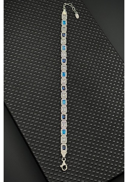 925 Ayar Gümüş Lacivert-Turkuaz Baget Zirkon Taşlı Gümüş Renk Erkek Bileklik FRJ12644-3644-LMA