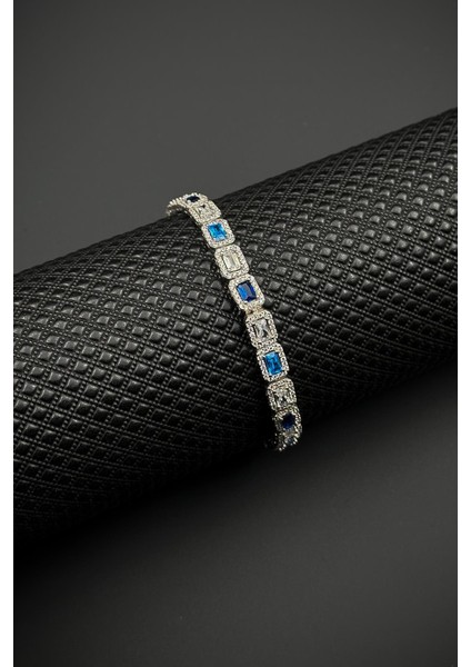 925 Ayar Gümüş Lacivert-Turkuaz Baget Zirkon Taşlı Gümüş Renk Erkek Bileklik FRJ12644-3644-LMA fiyatları