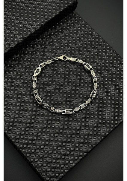 925 Ayar Gümüş Siyah Zirkon Taşlı Gümüş Renk Erkek Bileklik FRJ12653-3653-S