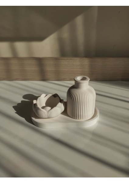Minimalist 3 Parça Dekor Seti Lotus Kase & Çizgi Dokulu Vazo, Tray Altlık – Ev Ofis Aksesuarı fiyatları