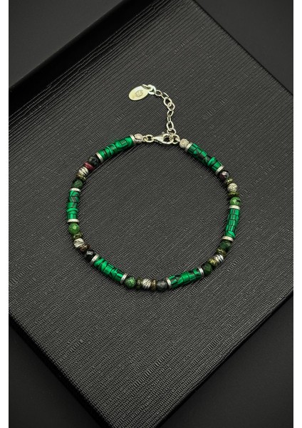 925 Ayar Gümüş ve Malahit Doğal Taşlı Yeşil Renk Erkek Bileklik FRJ12367-3367-Y
