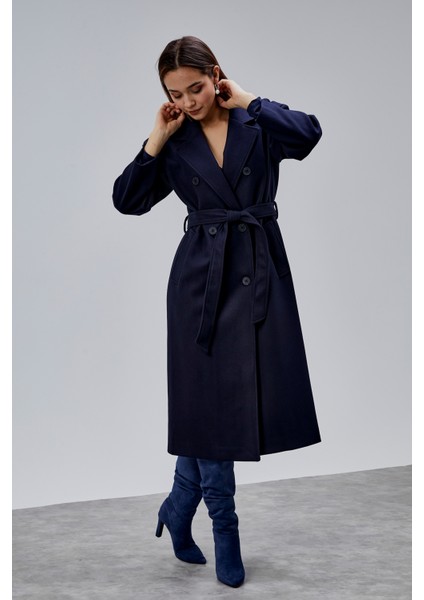 Lacivert Kruvaze Kapama Belden Bağlamalı Geniş Kalıp Kaşe Kaban