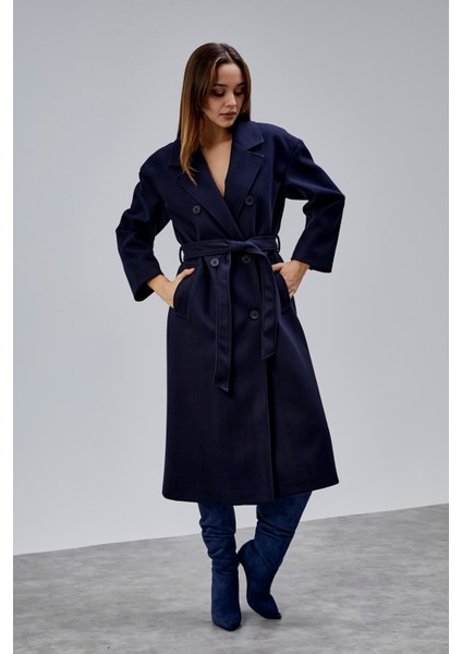 Lacivert Kruvaze Kapama Belden Bağlamalı Geniş Kalıp Kaşe Kaban fiyatları