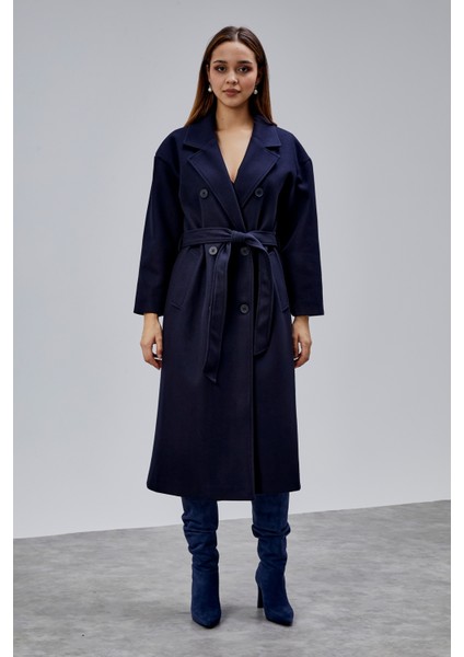 Lacivert Kruvaze Kapama Belden Bağlamalı Geniş Kalıp Kaşe Kaban fırsatları