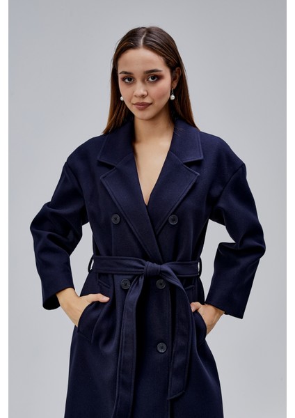 Lacivert Kruvaze Kapama Belden Bağlamalı Geniş Kalıp Kaşe Kaban indirimleri