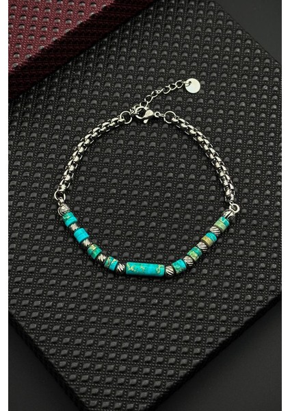 316L Çelik ve Afrika Turkuazı Doğal Taşlı Turkuaz Renk Erkek Bileklik FRJ12692-3692-M