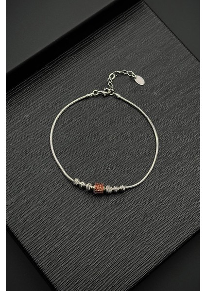 925 Ayar Gümüş Italyan Model Turuncu Zirkon Taşlı Gümüş Renk Erkek Bileklik FRJ12523-3523-T