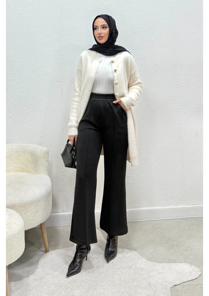 Scuba Kumaş Beli Lastikli Pare Tesettür Pantolon- Siyah