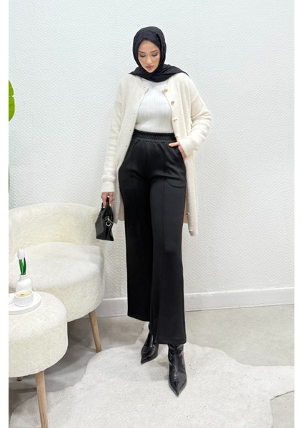 Scuba Kumaş Beli Lastikli Pare Tesettür Pantolon- Siyah fiyatları