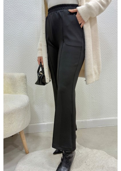 Scuba Kumaş Beli Lastikli Pare Tesettür Pantolon- Siyah modelleri