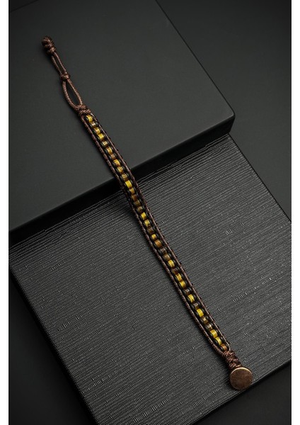 Kaplan Gözü Doğal Taşlı Deri Detaylı Kahverengi Erkek Bileklik FRJ12449-3449-K