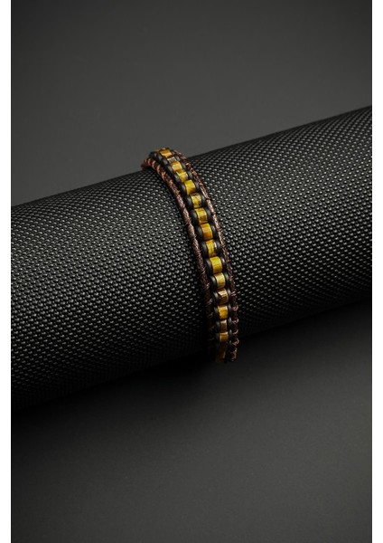 Kaplan Gözü Doğal Taşlı Deri Detaylı Kahverengi Erkek Bileklik FRJ12449-3449-K fiyatları