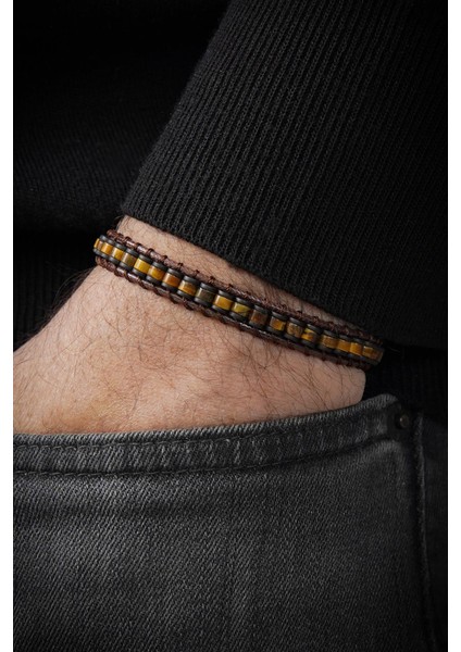 Kaplan Gözü Doğal Taşlı Deri Detaylı Kahverengi Erkek Bileklik FRJ12449-3449-K modelleri