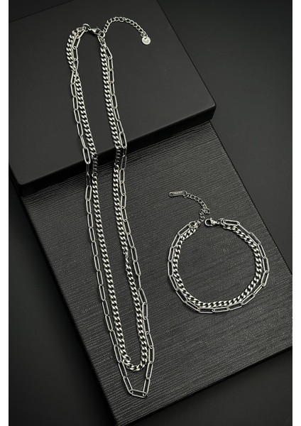 316L Çelik Italyan Model Gümüş Renk Erkek Bileklik/kolye Set FRJ12450-3450-A