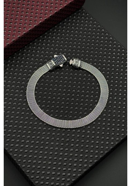 925 Ayar Gümüş Lacivert Zirkon Taşlı Italyan Model Gümüş Renk Erkek Bileklik FRJ12680-3680-A