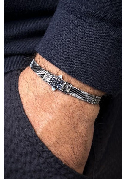 925 Ayar Gümüş Lacivert Zirkon Taşlı Italyan Model Gümüş Renk Erkek Bileklik FRJ12680-3680-A fırsatları