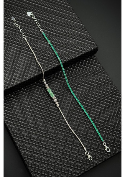 925 Ayar Gümüş Italyan Model Yeşil Zirkon Taşlı Gümüş Renk Erkek Bileklik Set FRJ12629-3629-Y