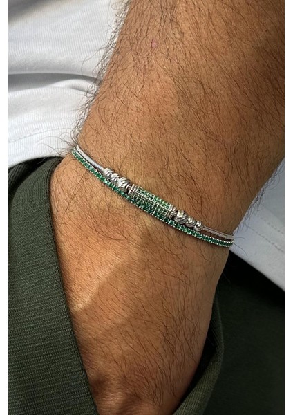 925 Ayar Gümüş Italyan Model Yeşil Zirkon Taşlı Gümüş Renk Erkek Bileklik Set FRJ12629-3629-Y fiyatları