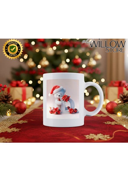 Noel Ayıcık Temalı D Harfi Porselen Kupa Bardak,hediyelik,yılbaşı,isim Temalı,merry Christmas
