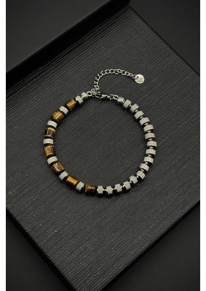 316L Çelik ve Kaplan Gözü Doğal Taşlı Kahverengi Erkek Bileklik FRJ12373-3373-K