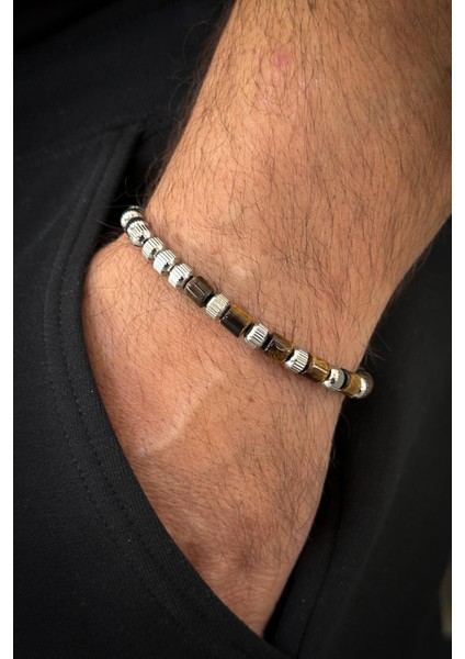 316L Çelik ve Kaplan Gözü Doğal Taşlı Kahverengi Erkek Bileklik FRJ12373-3373-K fiyatları