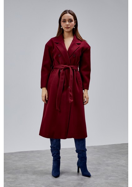 Bordo Kruvaze Kapama Belden Bağlamalı Geniş Kalıp Kaşe Kaban