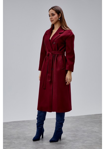 Bordo Kruvaze Kapama Belden Bağlamalı Geniş Kalıp Kaşe Kaban fiyatları