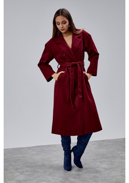 Bordo Kruvaze Kapama Belden Bağlamalı Geniş Kalıp Kaşe Kaban modelleri