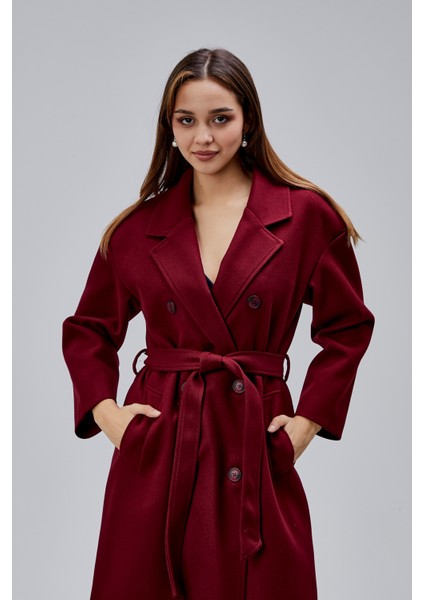 Bordo Kruvaze Kapama Belden Bağlamalı Geniş Kalıp Kaşe Kaban fırsatları