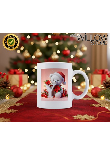 Noel Ayıcık Temalı Y Harfi Porselen Kupa Bardak,hediyelik,yılbaşı,isim Temalı,merry Christmas