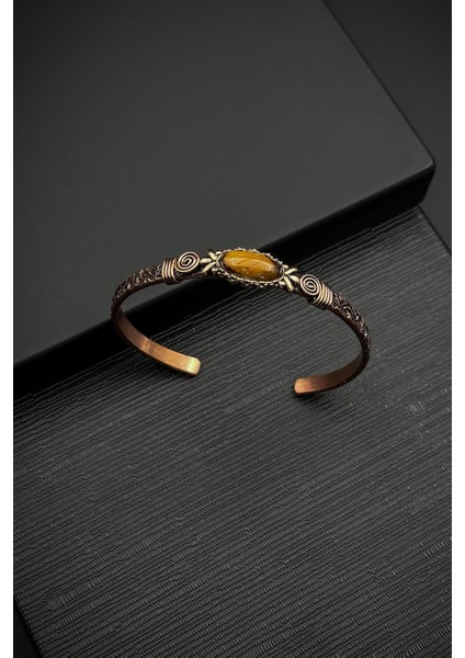 Bakır Madenli Kaplan Gözü Doğal Taşlı Kahverengi Erkek Kelepçe Bileklik FRJ12579-3579-K