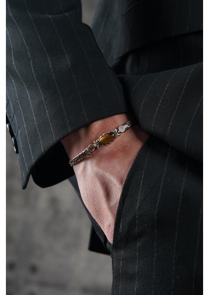 Bakır Madenli Kaplan Gözü Doğal Taşlı Kahverengi Erkek Kelepçe Bileklik FRJ12579-3579-K fiyatları