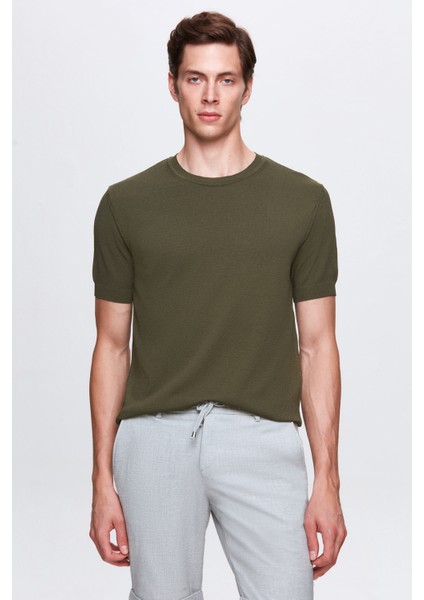 Slim Fit Haki Düz Örgü T-Shirt