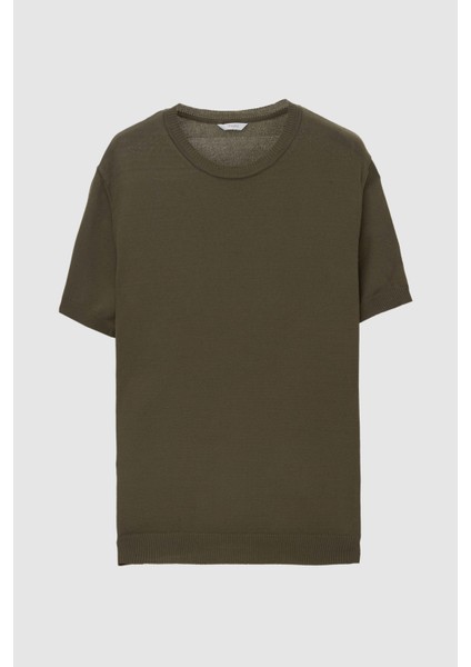 Slim Fit Haki Düz Örgü T-Shirt indirimleri