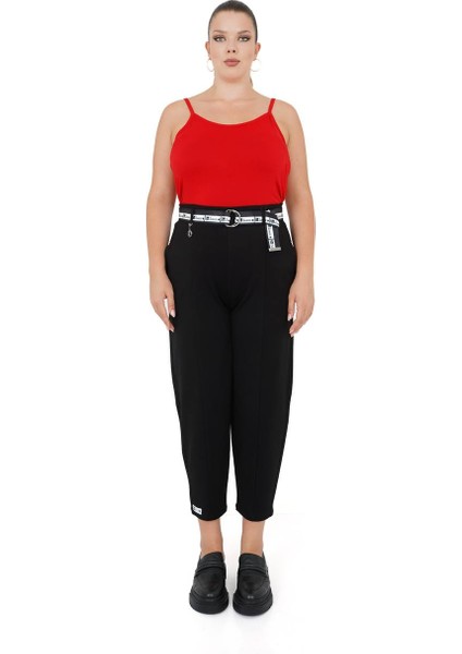 Büyük Beden Mom Kemerli Yüksek Bel Örme Kadın Pantolon