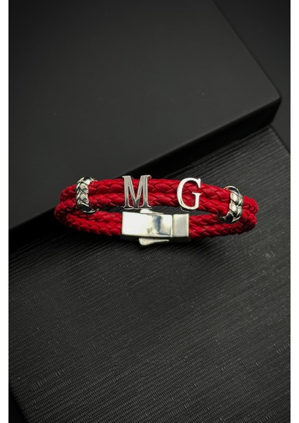 925 Ayar Gümüş Harfli Kırmızı Renk Deri Erkek Bileklik FRJ12453-3453-K