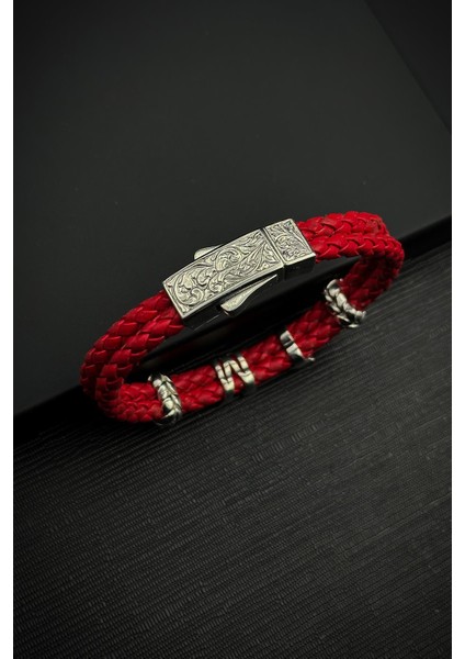 925 Ayar Gümüş Harfli Kırmızı Renk Deri Erkek Bileklik FRJ12453-3453-K fiyatları