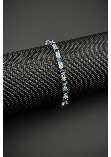 925 Ayar Gümüş Zirkon Taşlı Lacivert-Beyaz Renk Tennis Erkek Bileklik FRJ12157-3157-LA3 indirimleri