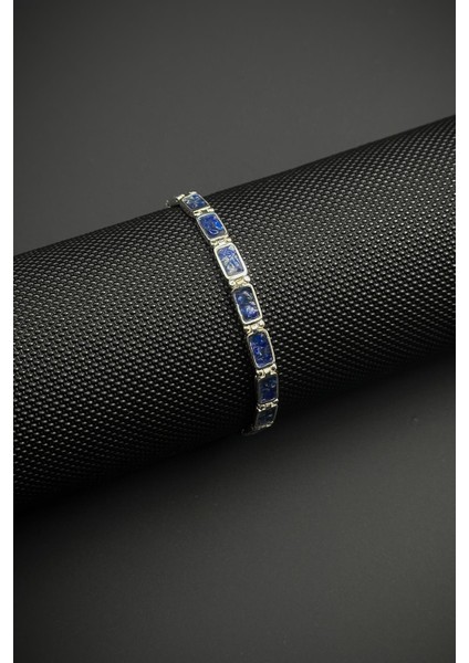 925 Ayar Gümüş ve Lapis Lazuli Doğal Taşlı Lacivert Renk Erkek Bileklik FRJ12461-3461-L