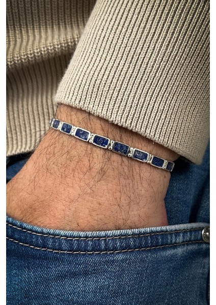 925 Ayar Gümüş ve Lapis Lazuli Doğal Taşlı Lacivert Renk Erkek Bileklik FRJ12461-3461-L modelleri