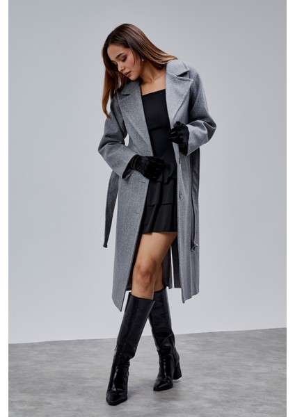 Gri Kruvaze Kapama Belden Bağlamalı Geniş Kalıp Kaşe Kaban