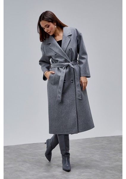 Gri Kruvaze Kapama Belden Bağlamalı Geniş Kalıp Kaşe Kaban fiyatları