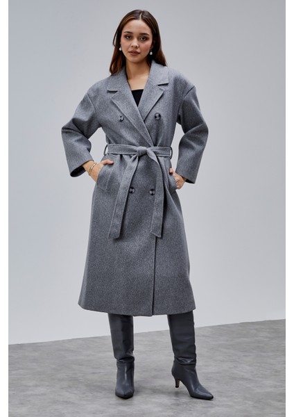 Gri Kruvaze Kapama Belden Bağlamalı Geniş Kalıp Kaşe Kaban fırsatları