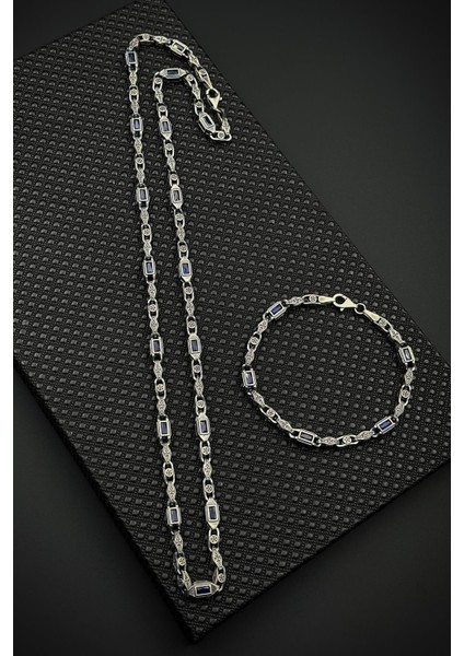 925 Ayar Gümüş Lacivert Zirkon Taşlı Gümüş Renk Erkek Bileklik/kolye Set FRJ12657-3657-L