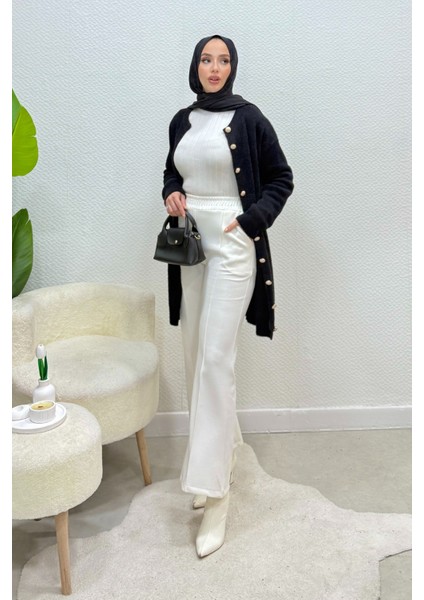 Scuba Kumaş Beli Lastikli Pare Tesettür Pantolon- Beyaz