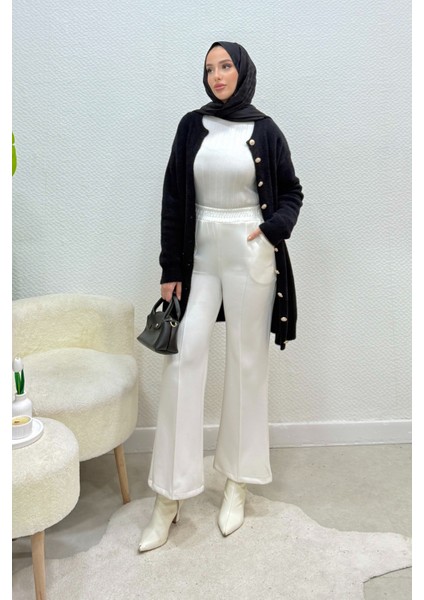 Scuba Kumaş Beli Lastikli Pare Tesettür Pantolon- Beyaz fiyatları